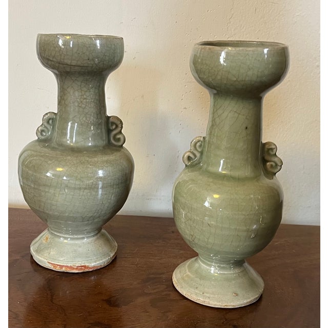 Chinoiserie Antique 19th Century Chinese Celadon Glaze Porcelain Vases - A Pair For Sale - Image 3 of 11