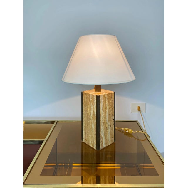 Travertine Walnut & Brass Table Lamp, Italy, 1970s For Sale - Image 3 of 8