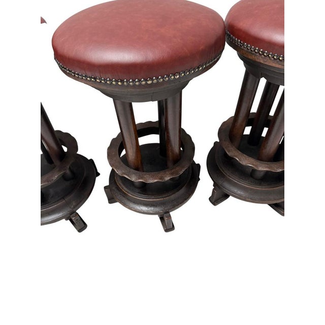 Wood Vintage Art Deco Amsterdamse School Stools with Leather Tops, 1920s, Set of 6 For Sale - Image 7 of 14