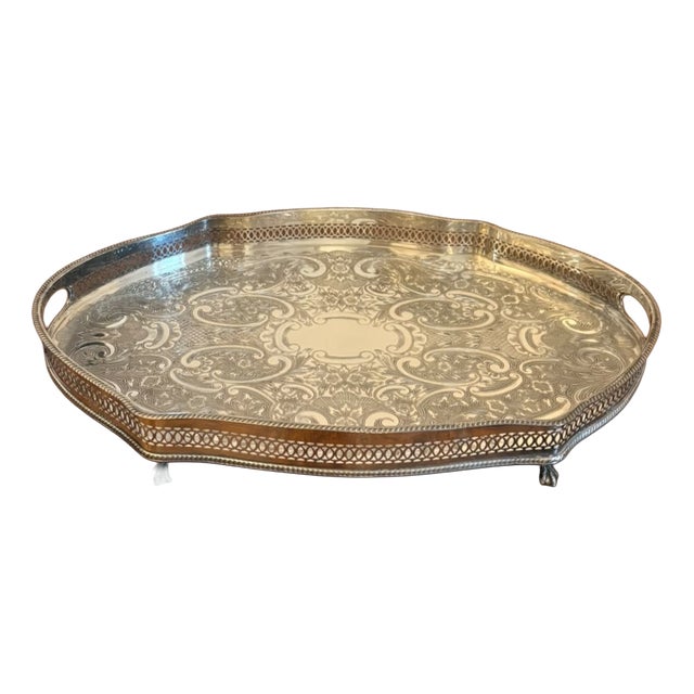 Antique Edwardian Silver-Plated Engraved Tea Tray with Pierced Gallery, 1900 For Sale