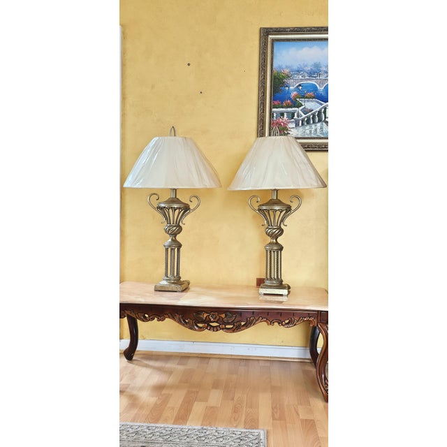 Michael Berman Berman Antiqued Metal Crackle Table Lamps With Shades - a Pair For Sale - Image 4 of 12
