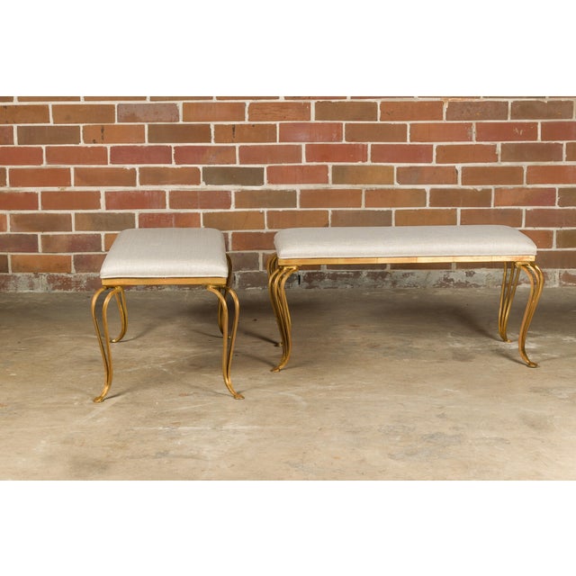 Midcentury French Gilt Metal Benches with Cabriole Legs and Upholstery, a Pair For Sale In Atlanta - Image 6 of 12