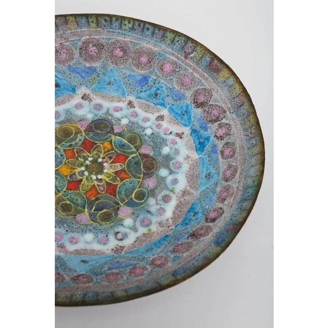 Boho Chic Mid Century Modern Fantoni Style Salt Glaze Textural Ceramic Bowl Turquoise, Purple, Blue, Italy For Sale - Image 3 of 10