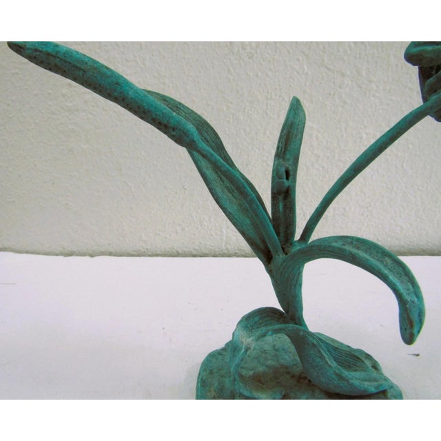Green Jumping Frog on Reeds Cold-Cast Bronze Sculpture With Hand Applied Patina For Sale - Image 8 of 13