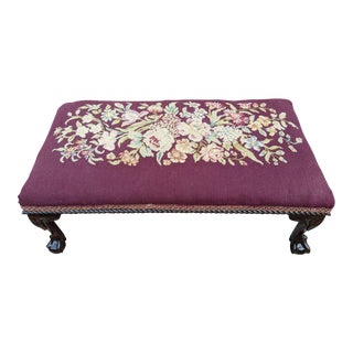 Vintage Clawfoot Victorian Floral Needlepoint Foot Stool For Sale
