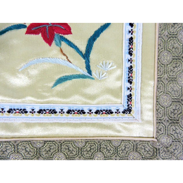 1980s Vintage Embroidered Chinese Orange and Red Floral Silk Table or Lamp Mats - A Pair For Sale - Image 5 of 6