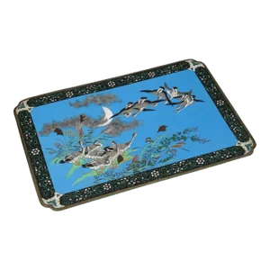 Large Meiji Japanese Cloisonne Enamel Panel of Geese Flying Over the Moon Sky