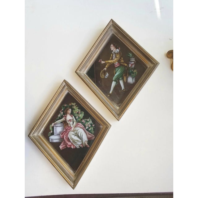 1950s Hand Painted Eglomise Pictures, a Lady and a Gentleman, Framed - a Pair For Sale - Image 4 of 4