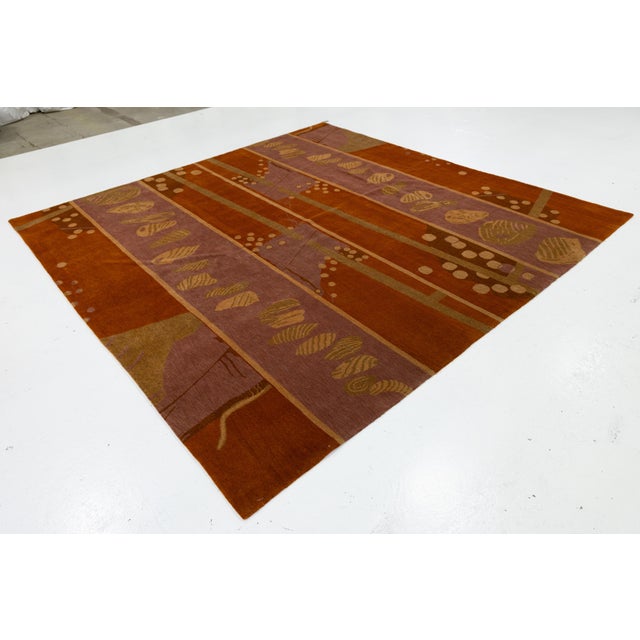Abstract Artisan Hand-Knotted Tibetan Wool and Silk Rug in Terracotta Abstract Pattern For Sale - Image 3 of 10