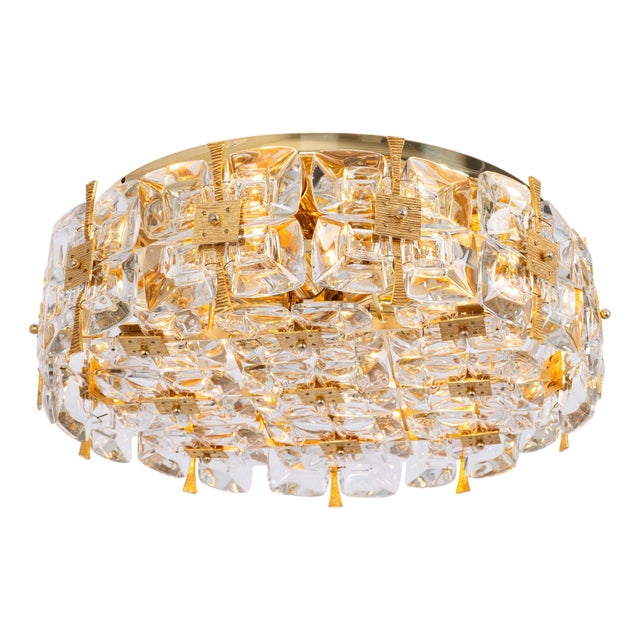 Gilt Brass and Crystal Flush Mount from Palwa, Germany, 1970s For Sale
