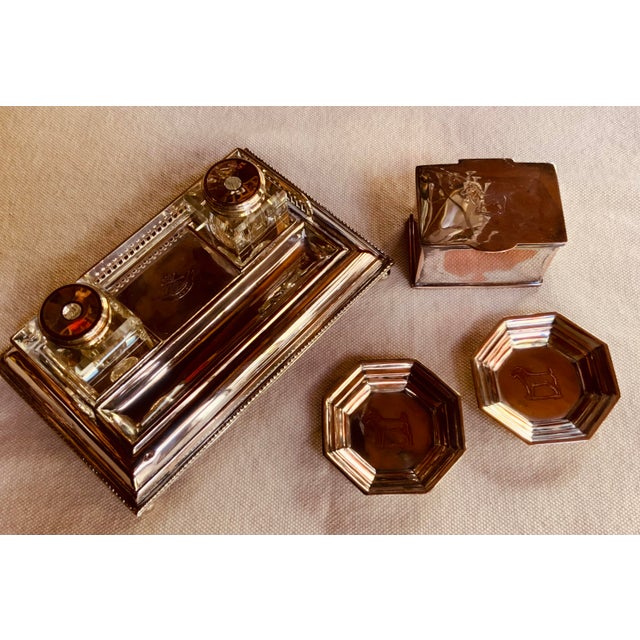 English Silverplate Desk Set With "Ich Dien" Inkwell & Terrier Accessories, C. 1950 For Sale - Image 12 of 12
