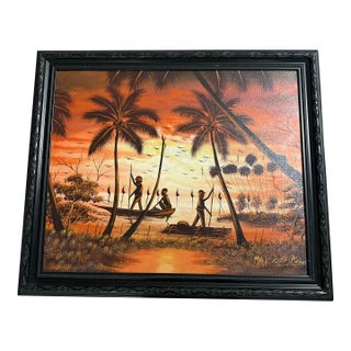 1990s Oil Painting by Max Rico Pierre Scene Vibrant Beach Scene Framed For Sale