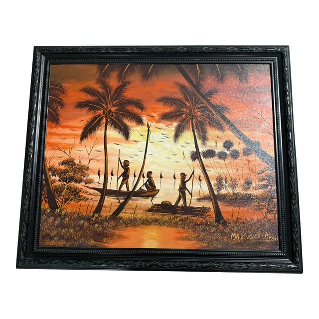 1990s Oil Painting by Max Rico Pierre Scene Vibrant Beach Scene Framed For Sale