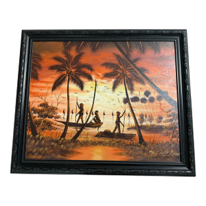 1990s Oil Painting by Max Rico Pierre Scene Vibrant Beach Scene Framed