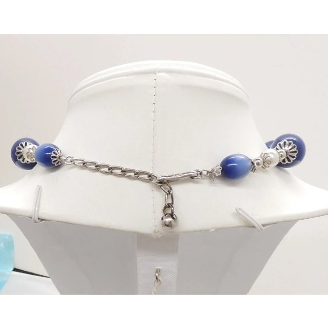 Mid-Century Modern Vintage 1950s Signed Napier Rhodium Plated Blue Moonglow & Faux-Pearl Necklace For Sale - Image 3 of 6