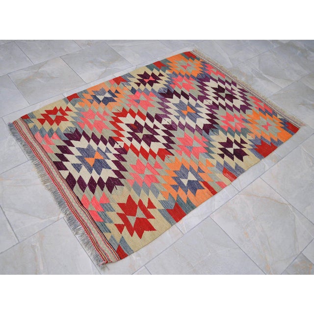 Handmade Turkish Kilim Rug Diamond Pattern Area Rug - 3'7" X 4'10" For Sale - Image 6 of 13