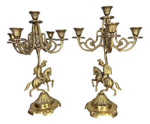 Vintage Brass Horse Rider Ornate Candleholders, Set of 2