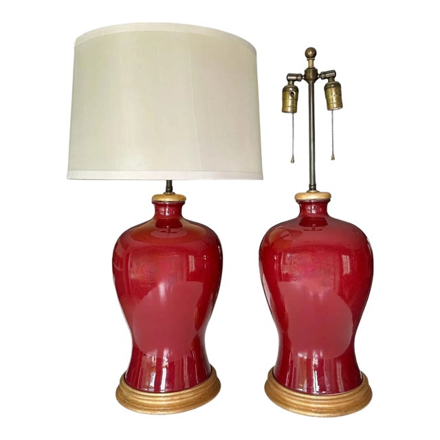 1960s Pair Asian Sang De Boeuf Oxblood Meiping Porcelain Table Lamps For Sale