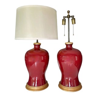 Pair Asian Sang De Boeuf Oxblood Meiping Porcelain Table Lamps For Sale