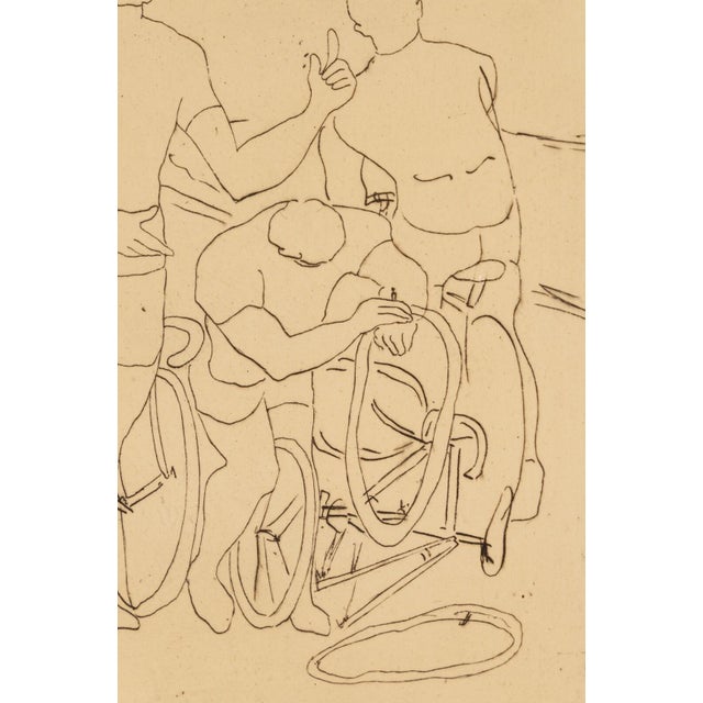 This finely rendered etching titled "Le Demarre" by American artist August Mosca captures a quiet yet expressive moment...
