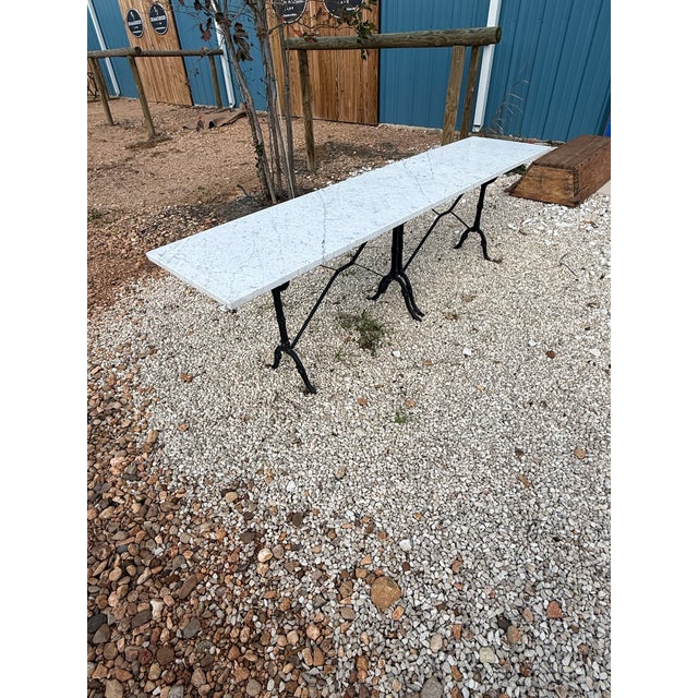 1940s Long Vintage French Art Deco Double Base Cast Iron Carrara Marble Top Bistro Table or Dining Table For Sale - Image 12 of 12