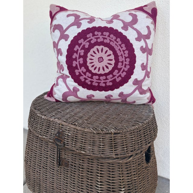 Early 21st Century Canvello Style Burgundy and Pink Embroidered Medallion Pillow Cover With Tassel For Sale - Image 5 of 8