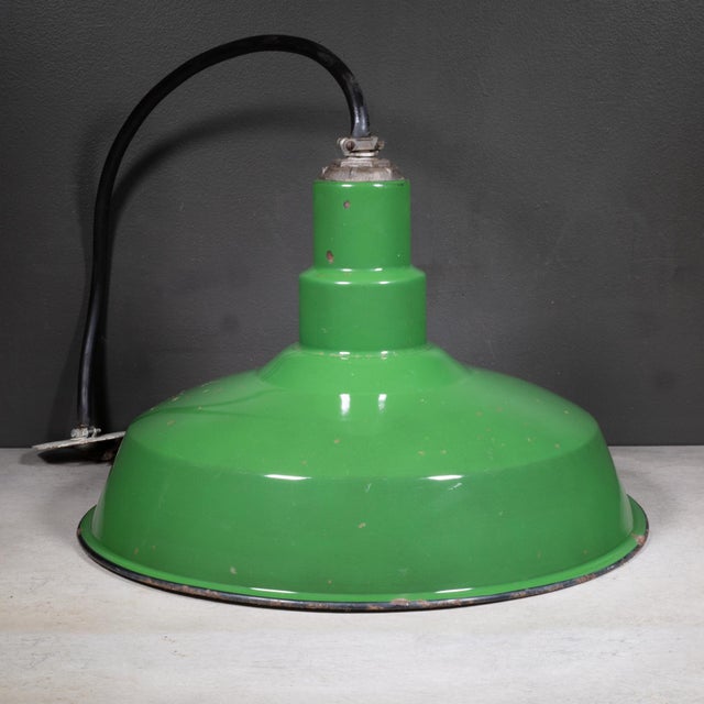 Industrial Vintage 18" Enameled Porcelain Green Industrial Pendant Lights c.1930-Set of 3 For Sale - Image 3 of 16