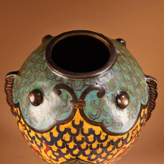 Mid 20th Century Monumental Pair of Chinese Cloisonné Enamel "Fish" Vases With Stands - 48cm, 9.6kg For Sale - Image 5 of 8