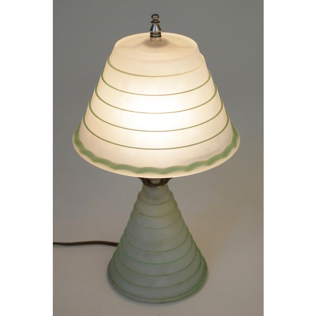1939 Art Deco Streamline Stepped Frosted Green Art Glass Table Lamp For Sale - Image 4 of 12