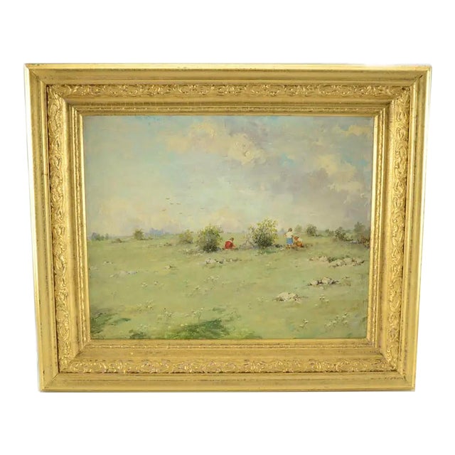 1950s Original Mid-Century Children in a Field Acrylic Painting on Stretched Canvas Anco Bilt 20 Signed For Sale