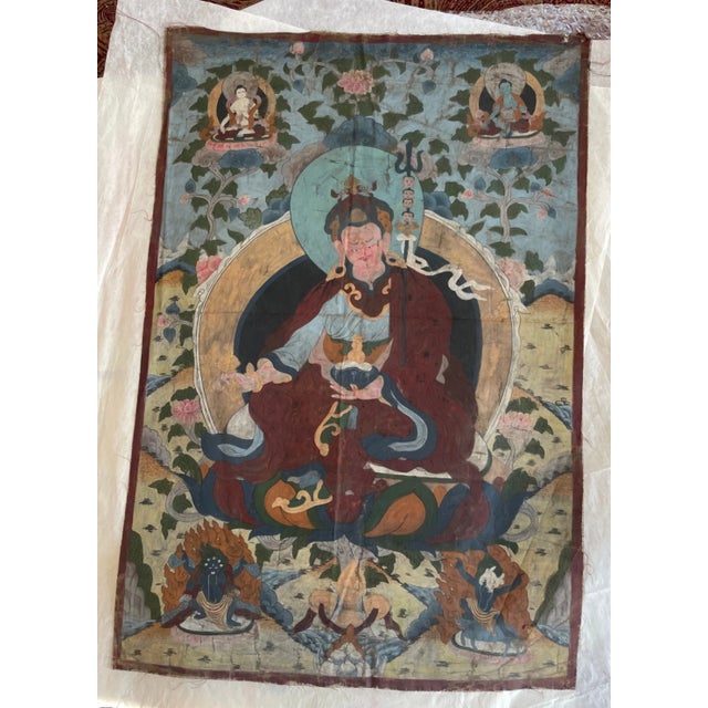 Hand-painted Tibetan thangka-style devotional painting on linen. Professional appraisal: hand-painted Tibetan thangka-...