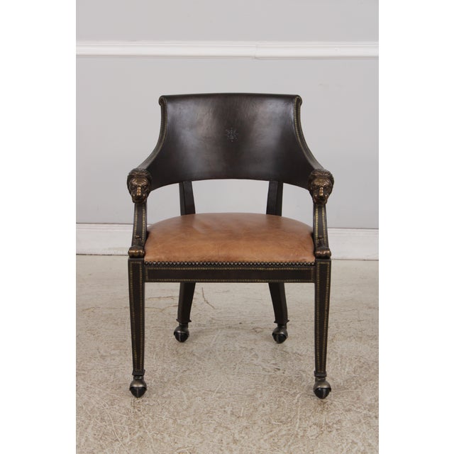 Neoclassical Set of 6 Maitland Smith Leather Lionhead Armchairs For Sale - Image 3 of 18