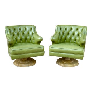 Vintage Mid Century Green Tufted Swivel Lounge Chairs- A Pair For Sale
