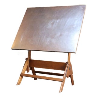 Vintage Industrial Anco Bilt Cast Iron and Oak Drafting Table With Steel Surface For Sale