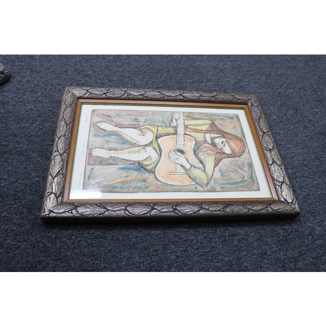 Mid Century Signed Guitar Etching For Sale - Image 4 of 8