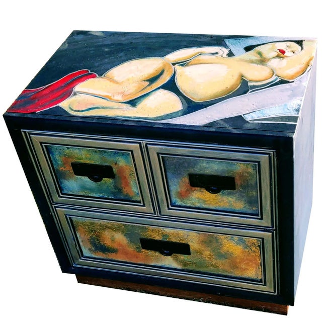 Patrick Briggs 'Tamara De Lempica" 2021 Acrylic Painted Campaign Style Wooden Nightstand For Sale In Palm Springs - Image 6 of 12