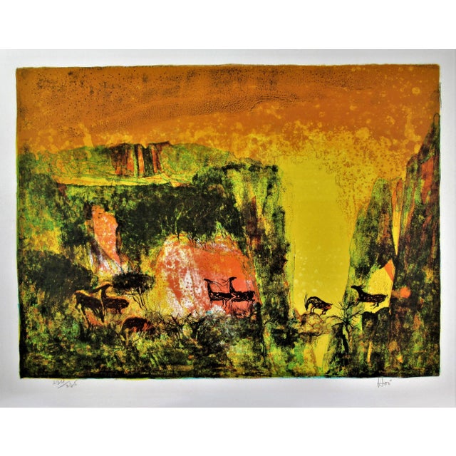 Printmaking Materials Hoi Lebadang, Landscape with Deer Herds, Circa 1970 For Sale - Image 7 of 7