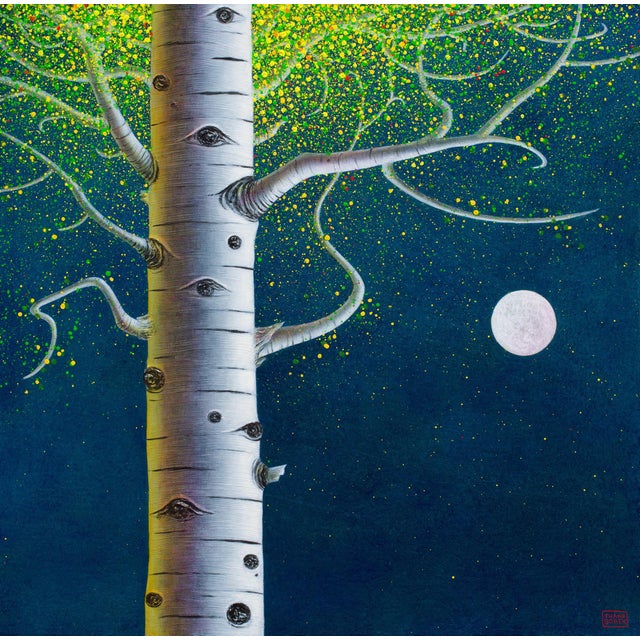 Spirit Moon by Thane Gorek | Oil on Board Tree trunk with a full moon and glowing green leaves. For Sale