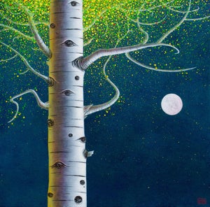 Spirit Moon by Thane Gorek | Oil on Board Tree trunk with a full moon and glowing green leaves.