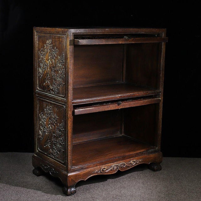 Vintage Rosewood Sliding Door Cabinet With Magpie & Plum Carving For Sale - Image 4 of 10