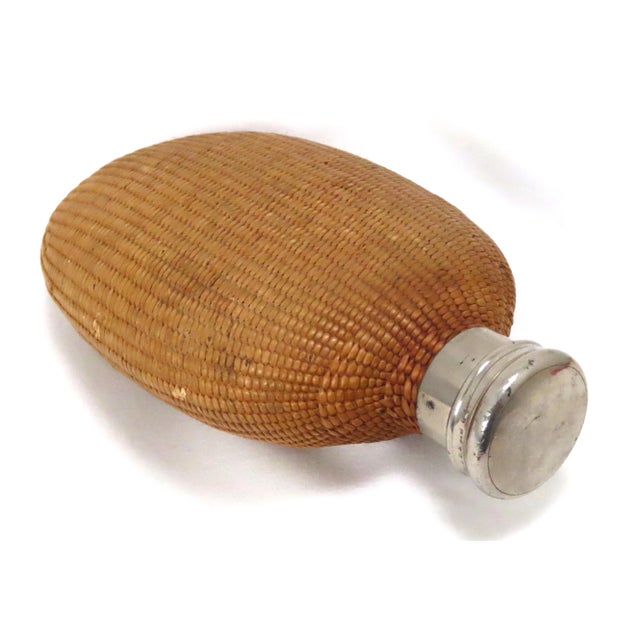 Antique Early 1900s Hand Woven Basket on Glass "Pumpkin Seed" Whiskey Hip Flask For Sale - Image 10 of 13