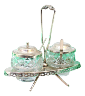 Salt and Pepper Shakers with Glass Cores, Cut-Out Structure, Silver Spoons and Lids, Set of 4