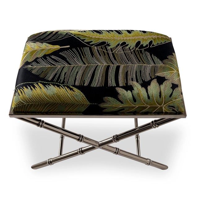 Classic detail of bamboo is featured on the Lauderdale upholstered bench. Cast steel metal frames are available in aged...