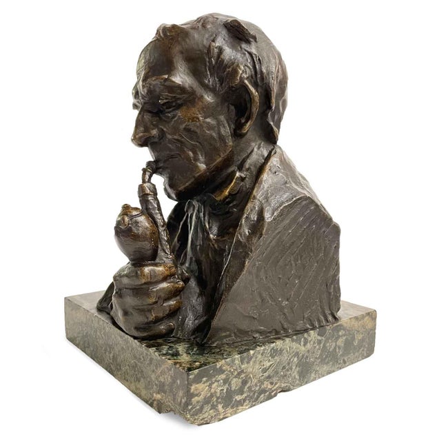 Beige Hans Muller, Bust of a Man with a Pipe, 1890s, Bronze and Marble For Sale - Image 8 of 8