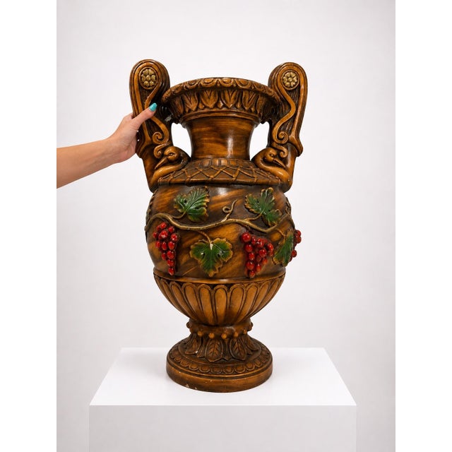 Mid 20th Century Large Neoclassical Swan-Handled Grape Urn / Pedestal Floor Vase, 28” For Sale In Portland, ME - Image 6 of 8