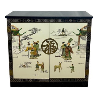 Vintage Drexel Chinoiserie Style Black Lacquer Dry Bar Storage Cabinet For Sale