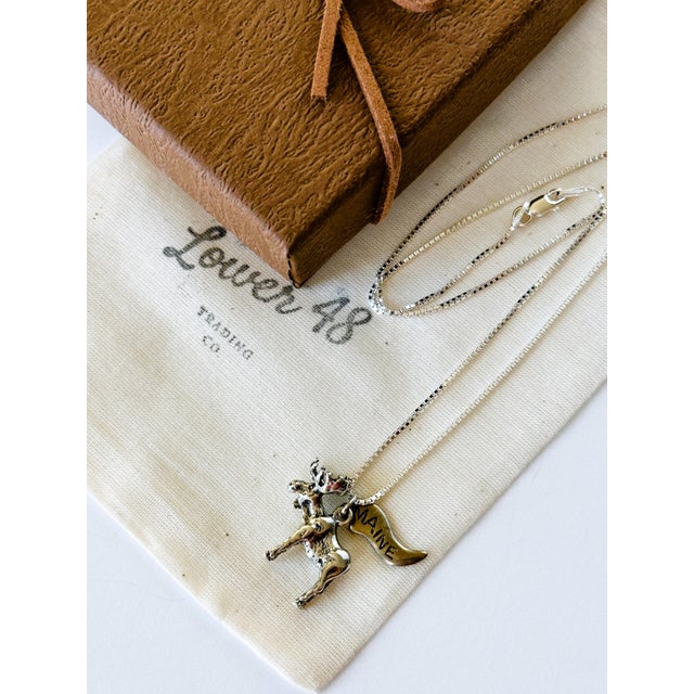 Maine Vintage Sterling Silver charm features a moose and engraved tiny "Maine" Pennant, on a new 18 inch Sterling Silver...