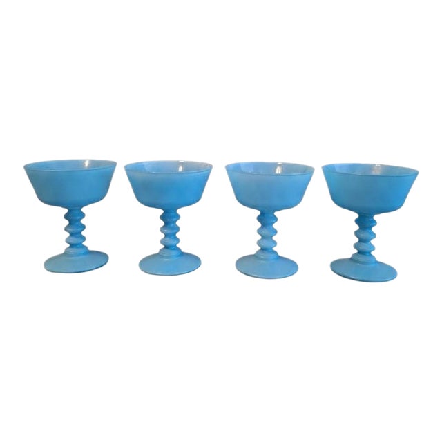 Mid-Century Matte Turquoise Satin Glass Champagne Coupes - Set of 4 For Sale