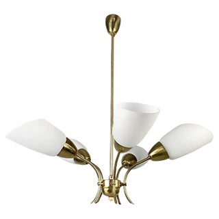 Brass and White Glass Chandelier, 1980s For Sale