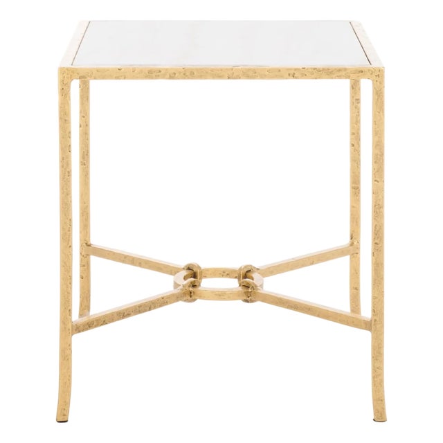 Tauri Metal Square Accent Table in Brass with White Marble Top For Sale